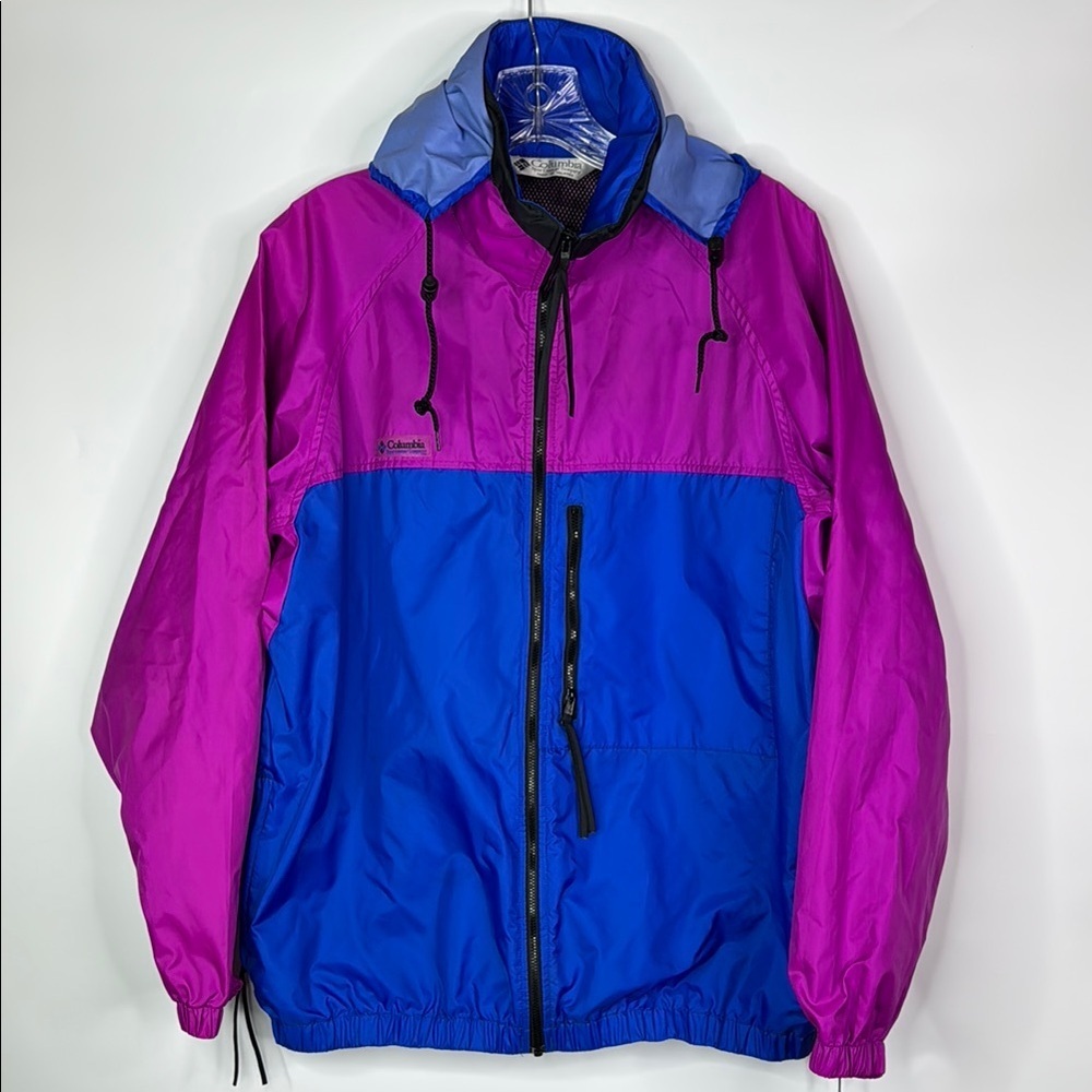 Vintage Columbia Purple Blue Radial Sleeve Hooded Nylon Jacket Size Large